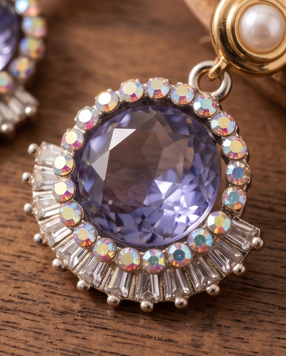 Purple crystal drop earrings with pearl-style studs worn by a model