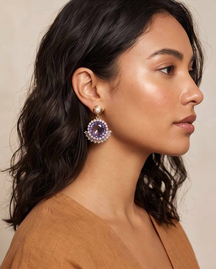 Pair of purple crystal drop earrings on a white surface
