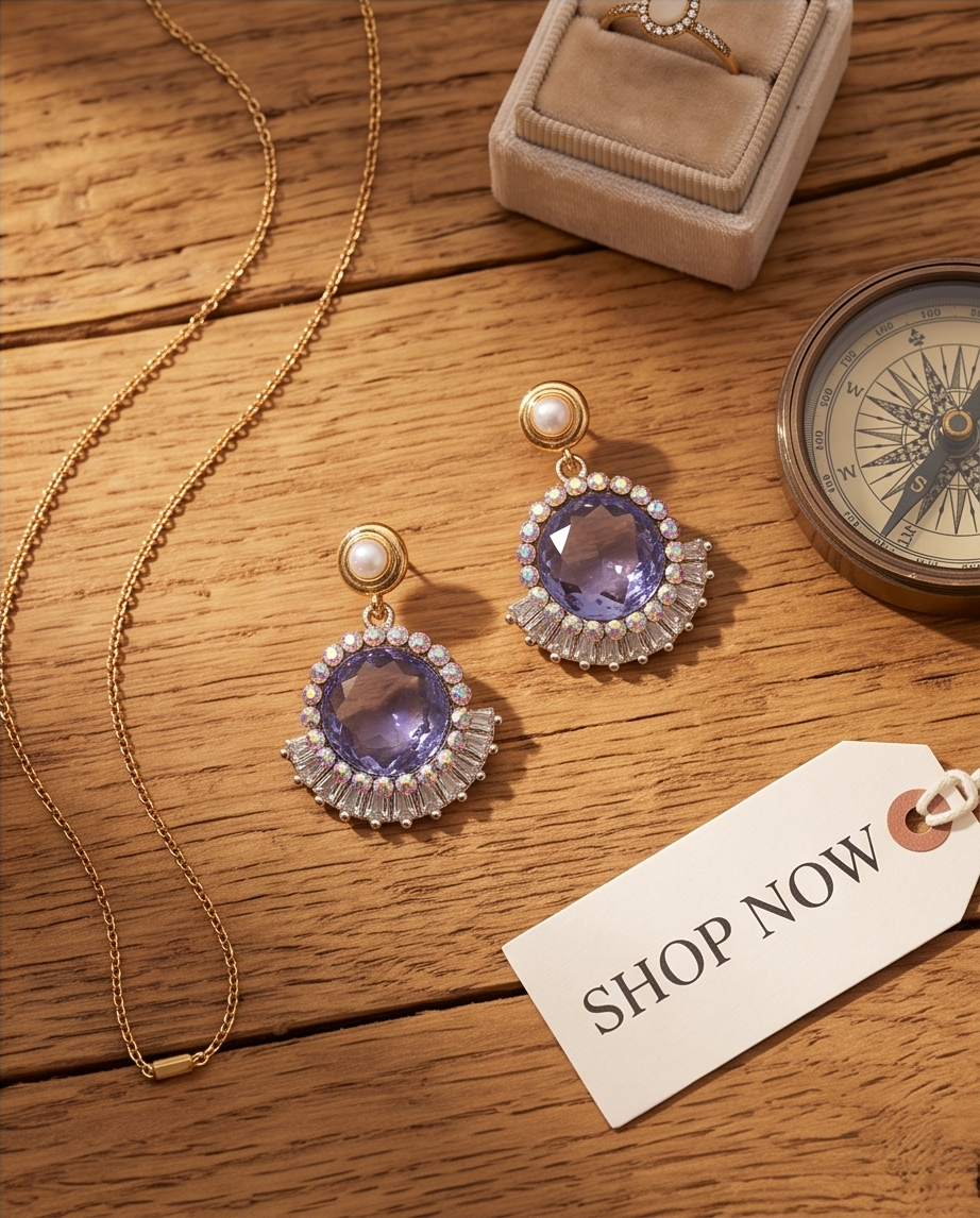 Close-up of a purple faceted crystal drop earring with a sparkling halo