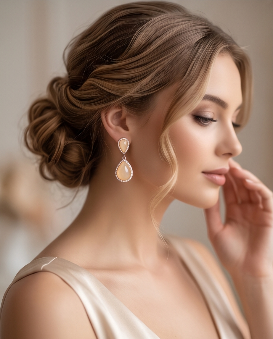 Pair of peach-toned double teardrop drop earrings on satin