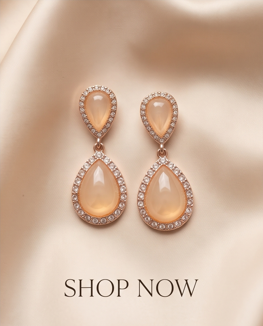 Close-up of peach-toned teardrop earring with sparkling border