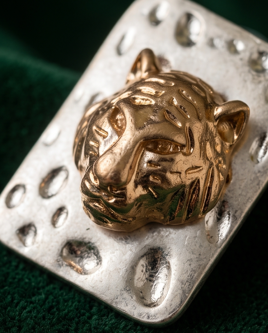 Close-up of a gold-tone tiger head motif on silver-tone stud