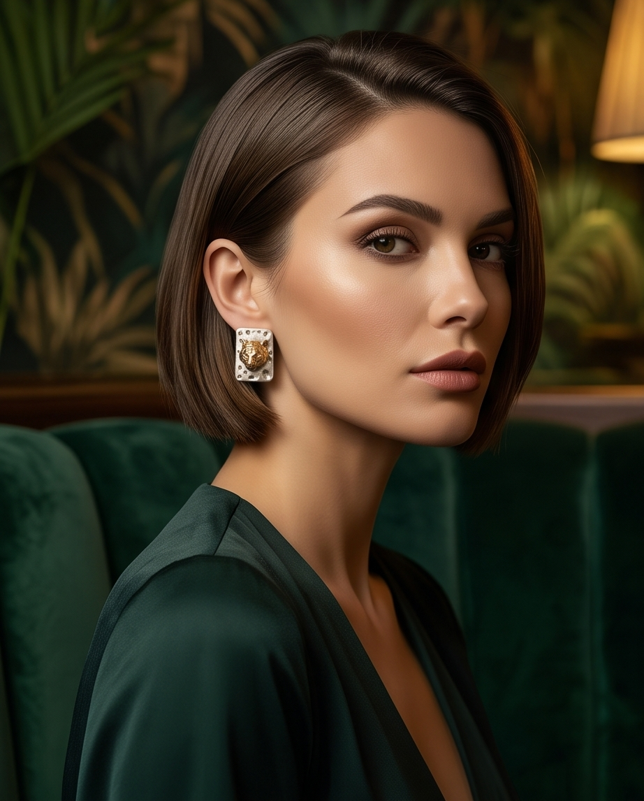 Model wearing a two-tone tiger head statement stud earring