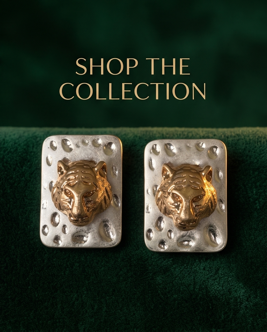Two-Tone Tiger Head Statement Stud Earrings