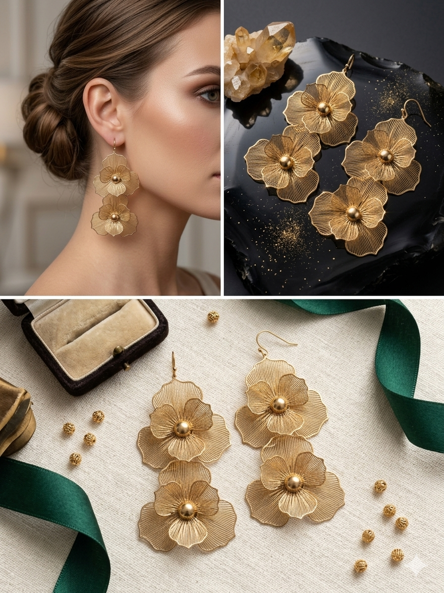 Gold Double Bloom Drop Earrings