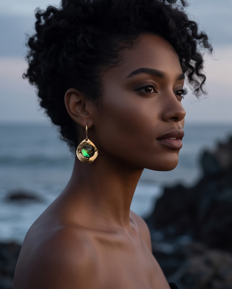 Pair of gold-tone drop earrings with iridescent abalone-effect centres on navy velvet