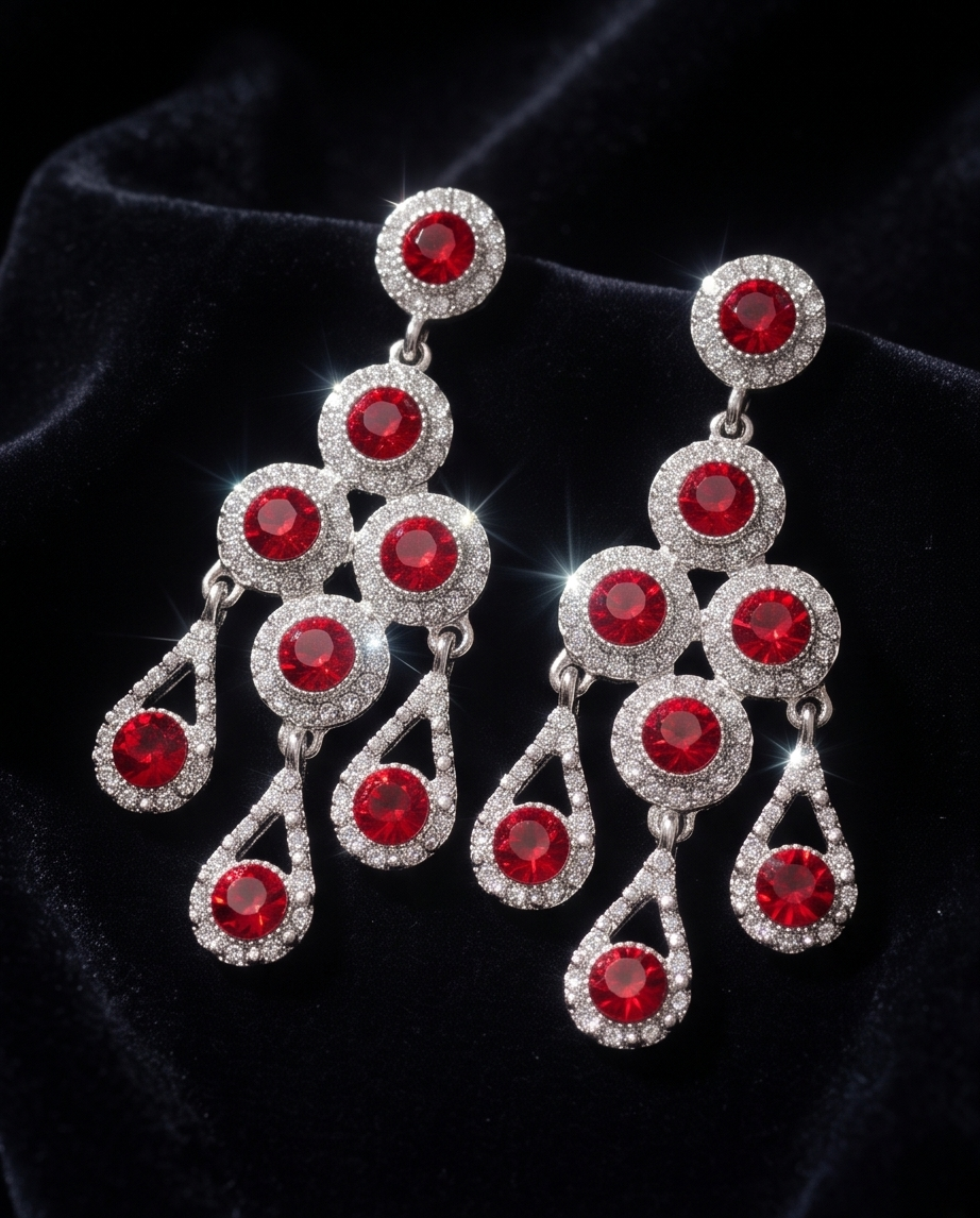 Pair of ruby-red chandelier earrings on a dark background