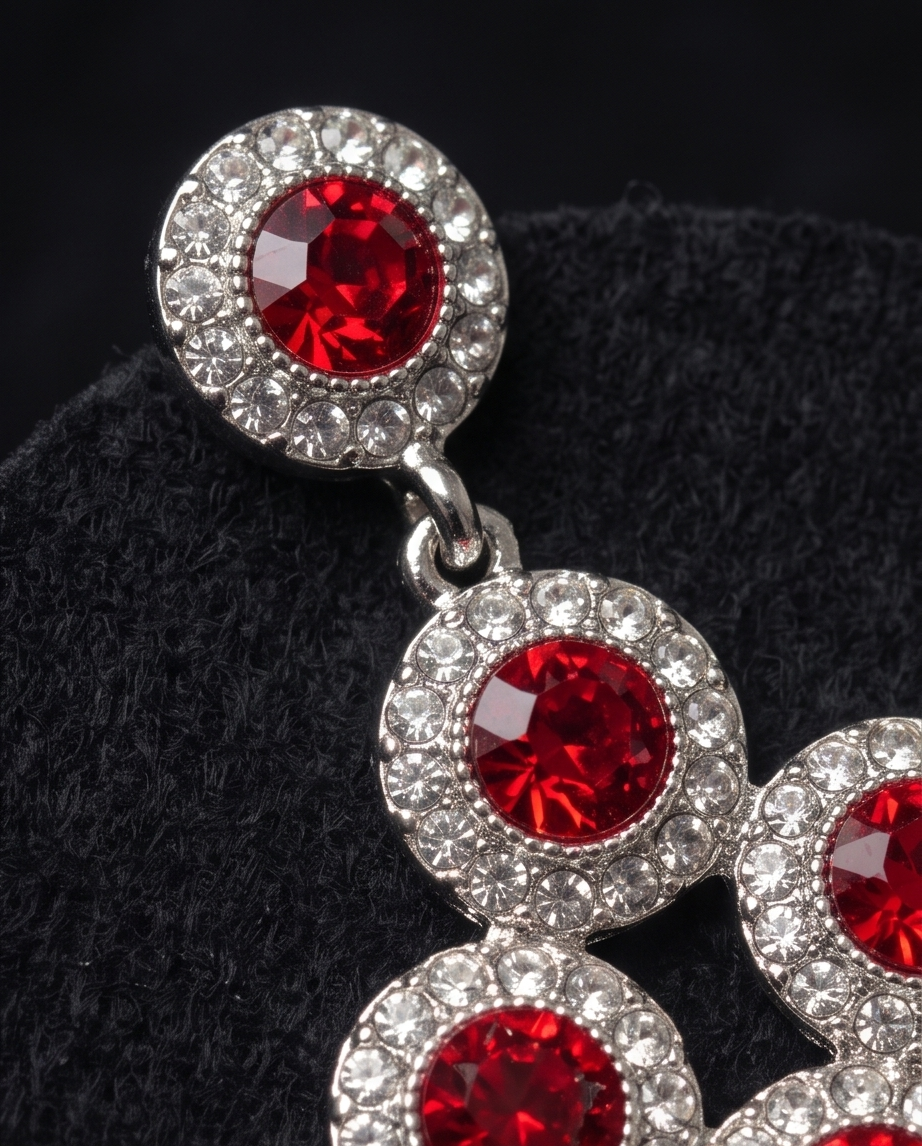 Ruby-red chandelier earring worn with evening outfit