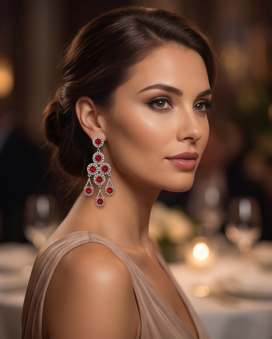Angled view of red chandelier drop earrings on dark fabric
