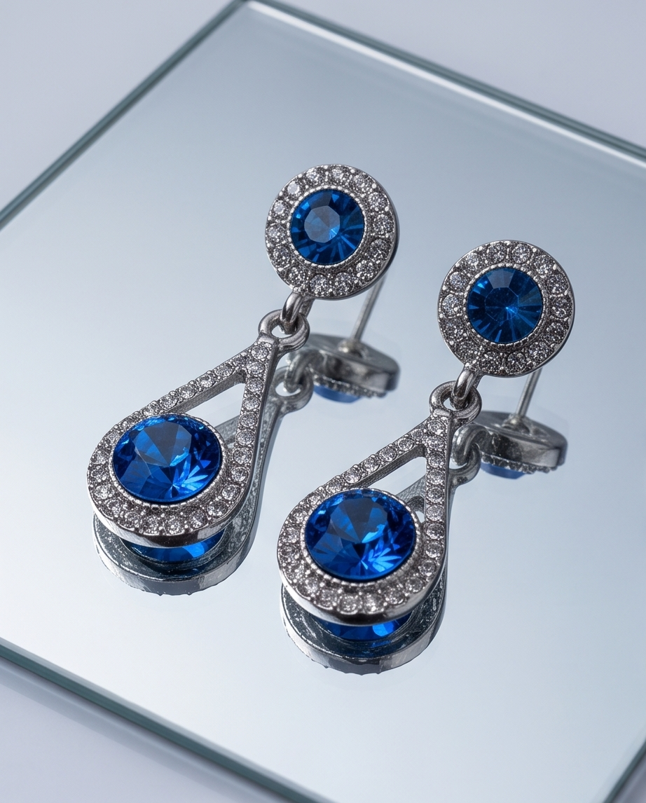 Close-up of faceted blue and clear details of teardrop earring