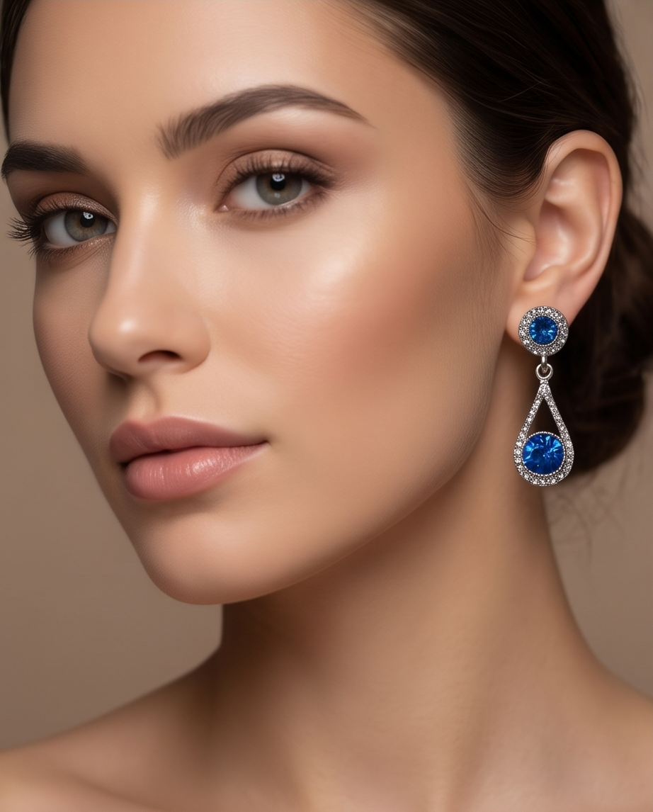 Sapphire-blue teardrop earring worn on a model