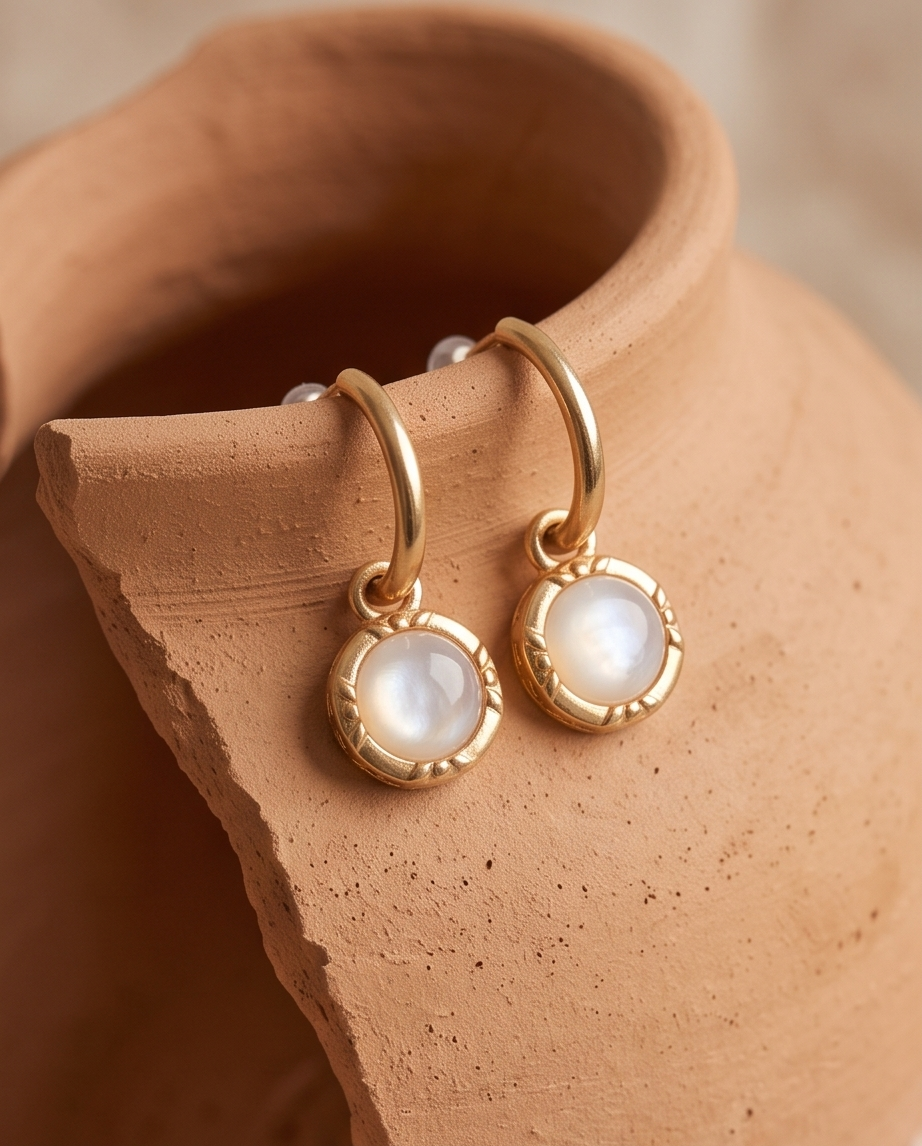 Close-up of round pearl-look pendant and gold-tone frame