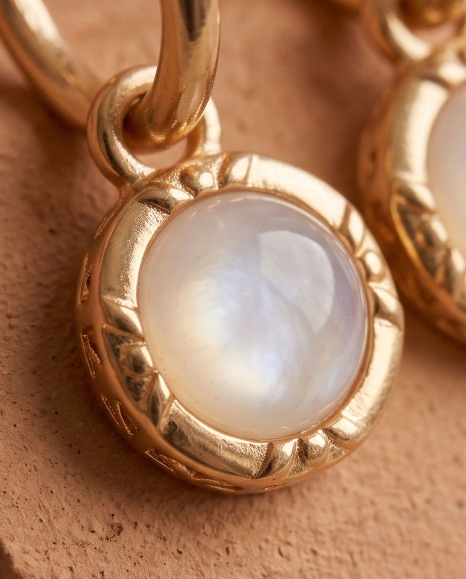 Pair of gold-tone hoop drop earrings with round pearl-look pendants on stone