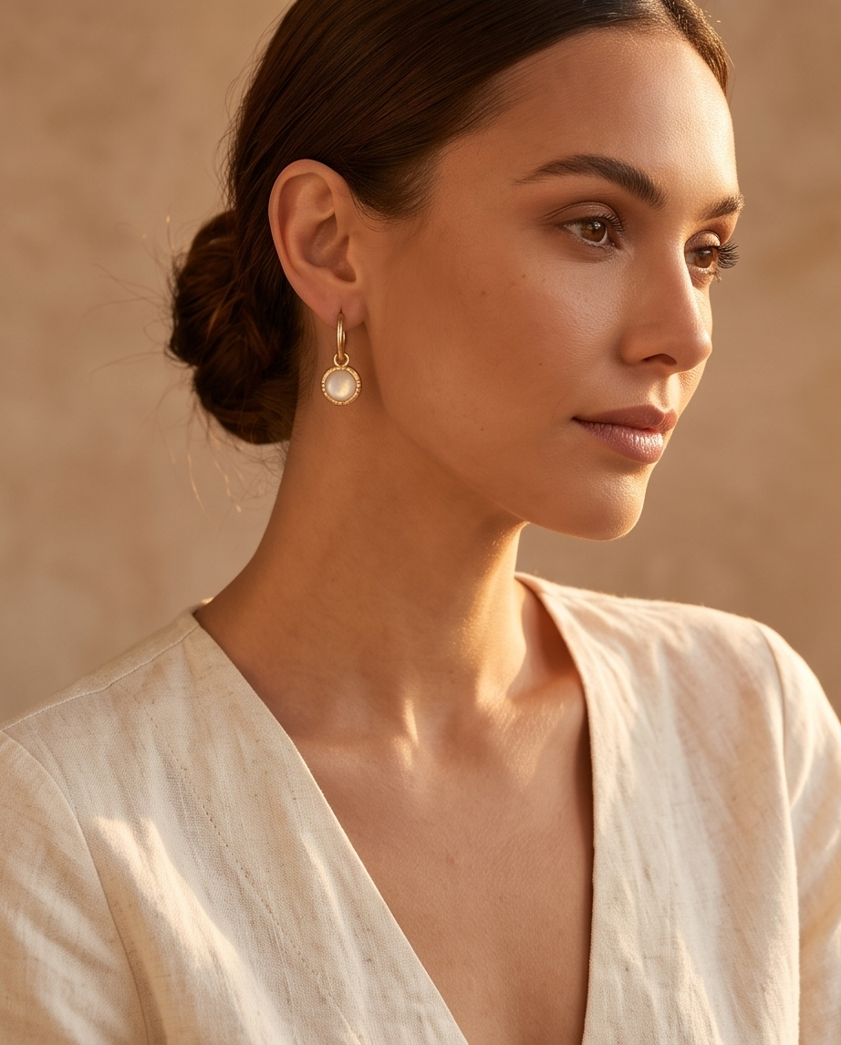 Pair of pearl-look hoop drop earrings displayed on ceramic