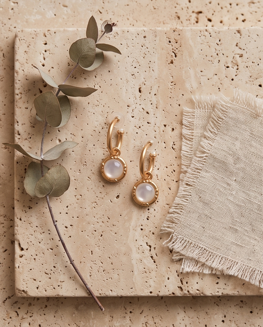 Pearl-look gold-tone hoop drop earring worn with cream blouse
