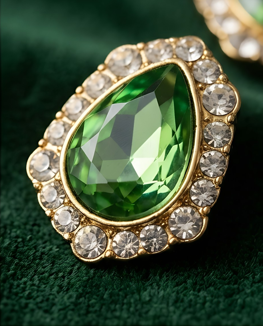 Pair of emerald-green teardrop halo earrings on dark velvet