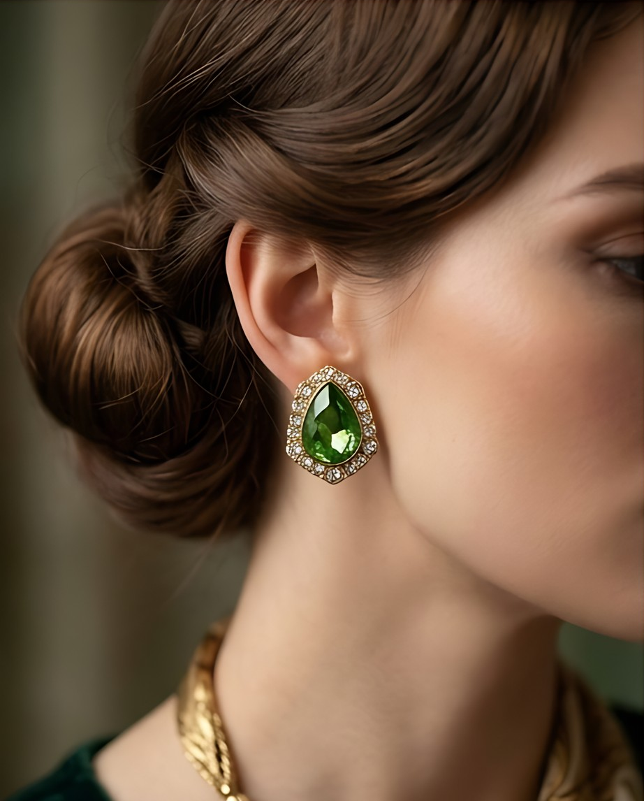 Emerald-green teardrop halo earring worn by model