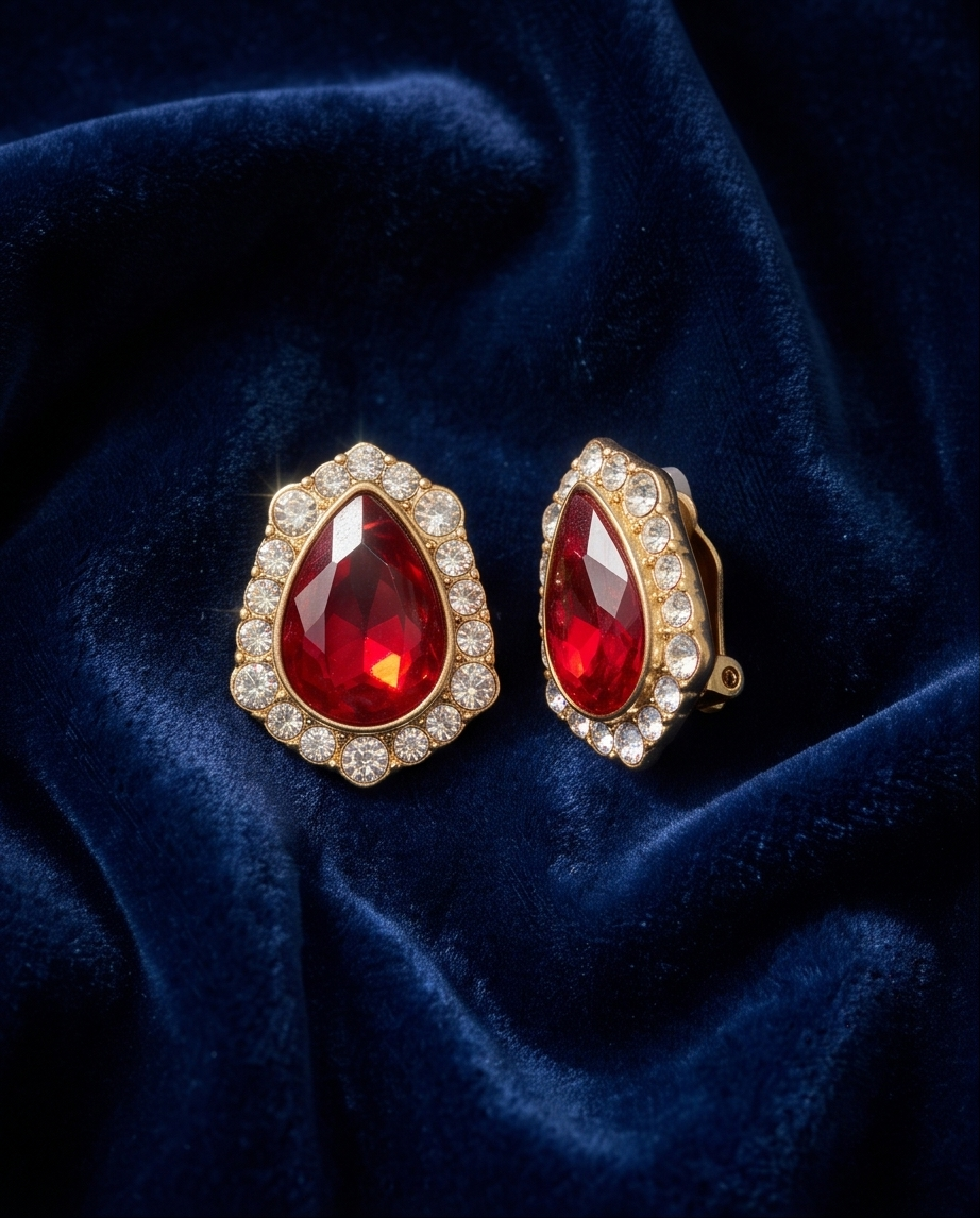 Ruby-red teardrop halo earring worn with a black outfit
