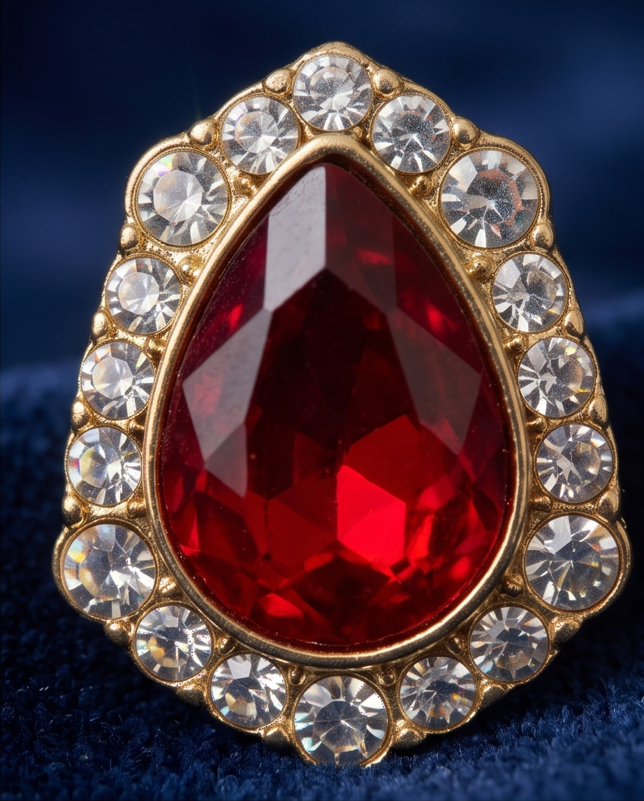 Pair of ruby-red teardrop halo earrings on navy velvet