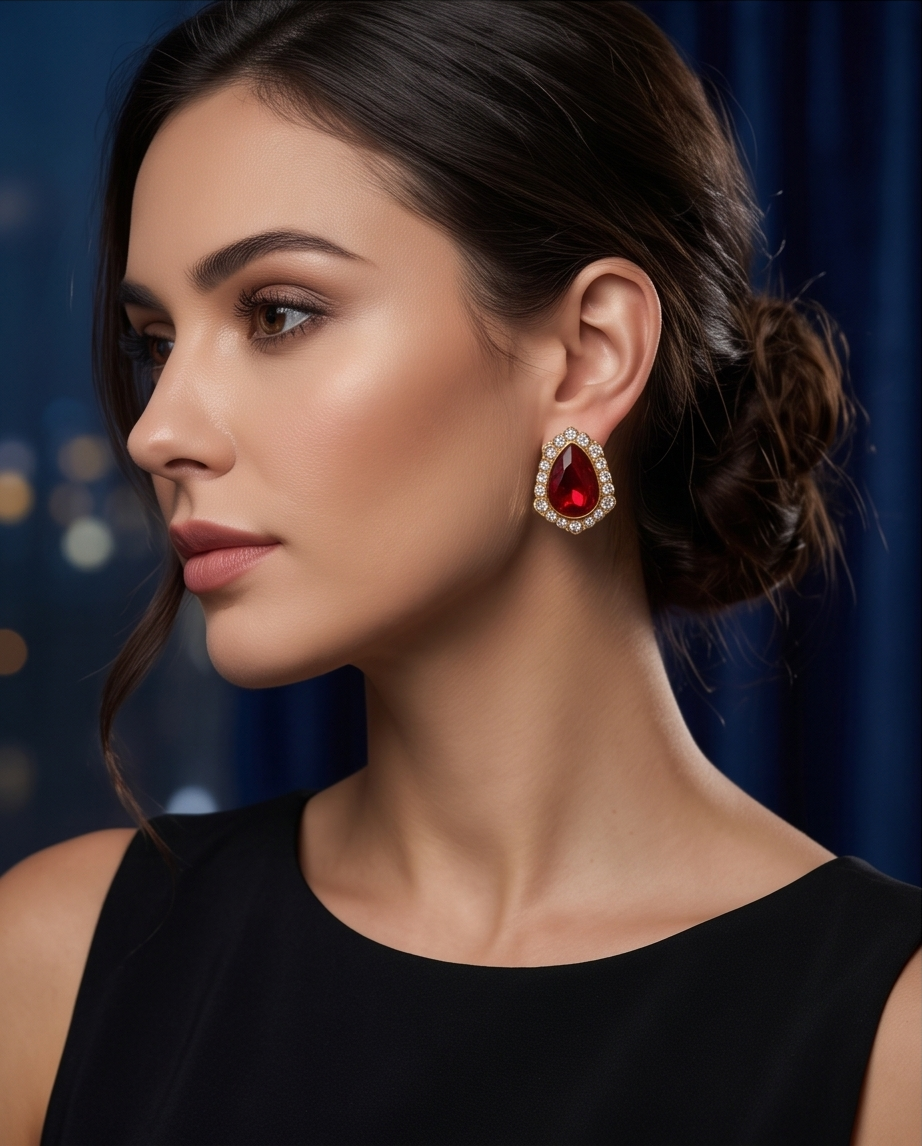 Ruby Red Teardrop Halo Stud Earrings
