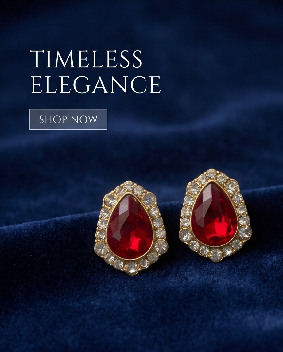 Close-up of ruby-red teardrop earring with clear stone halo