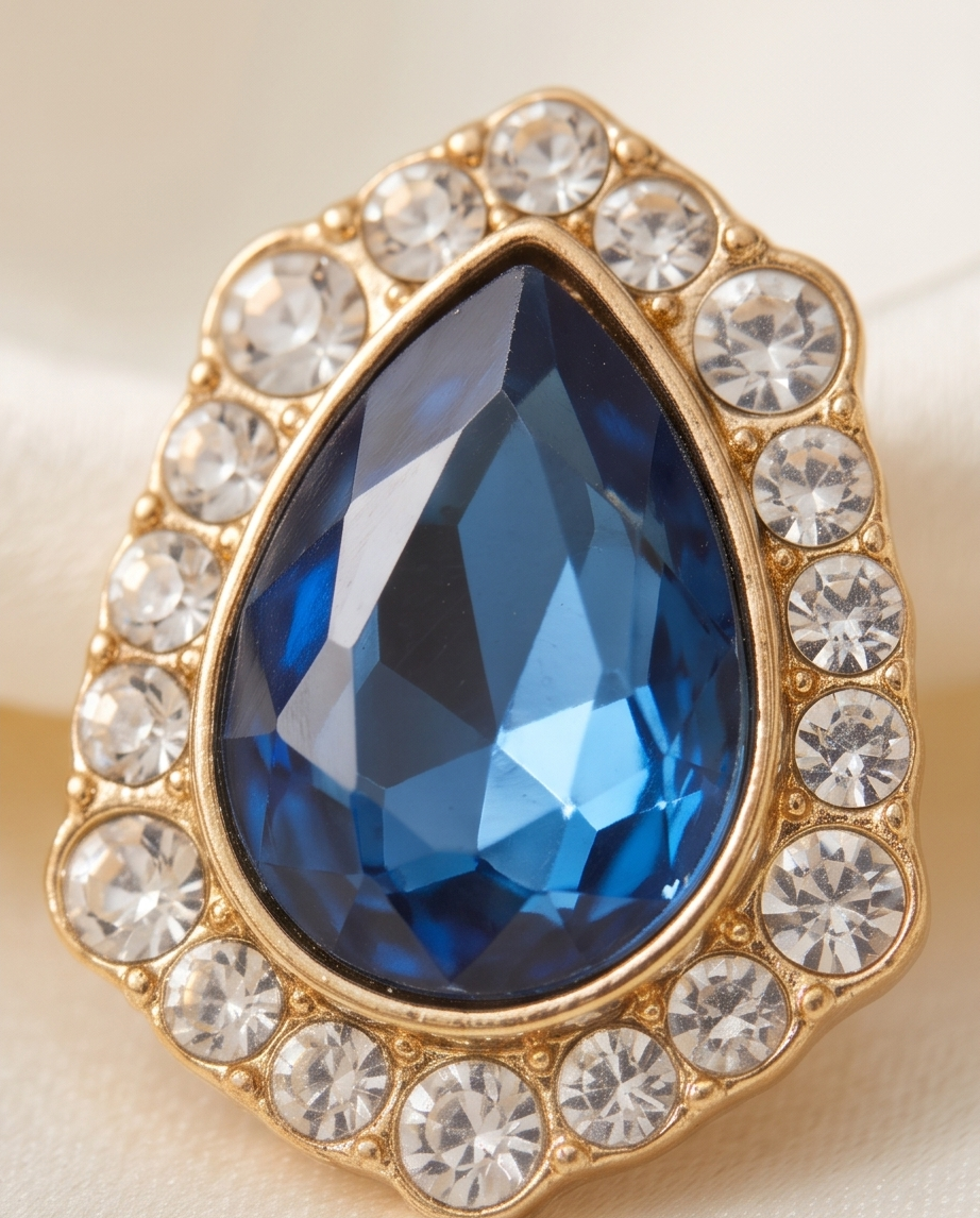 Deep blue teardrop halo earring worn by model