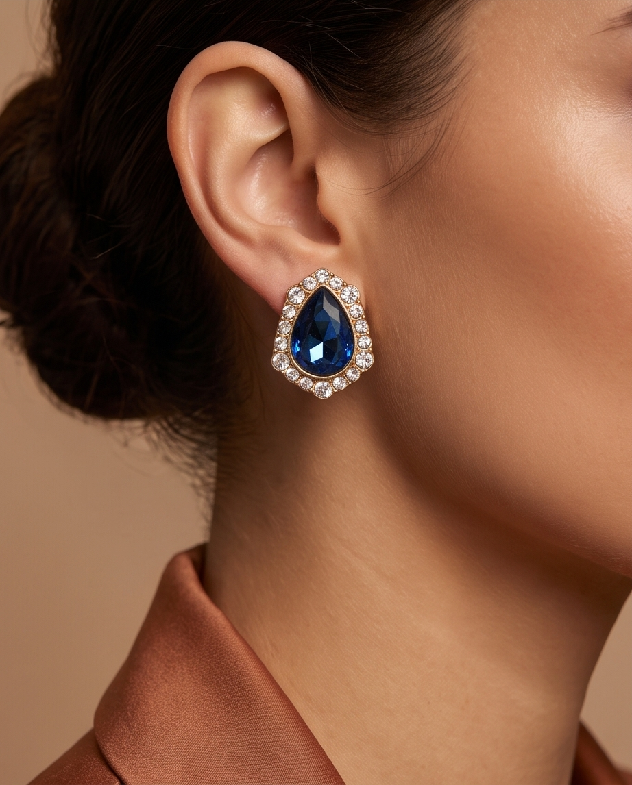 Pair of blue teardrop halo earrings on satin
