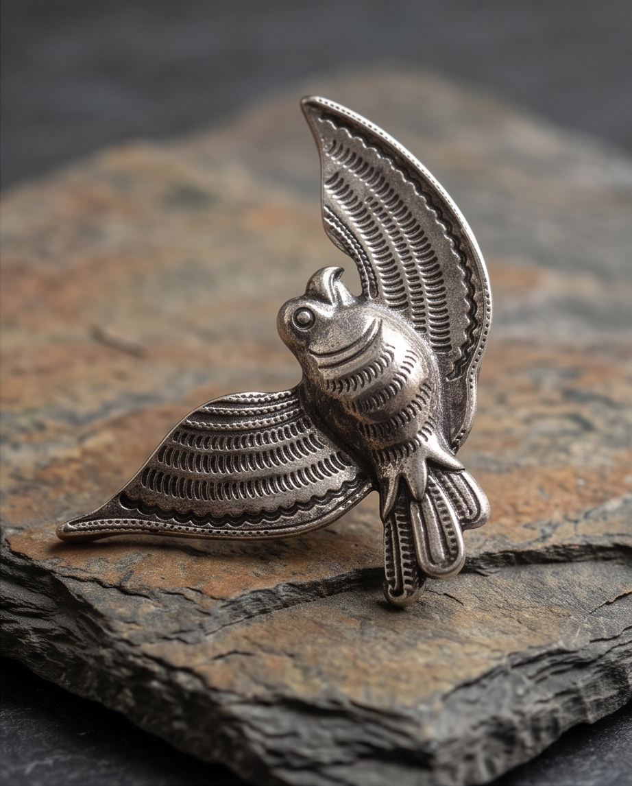 Pair of sculpted bird earrings displayed on wood