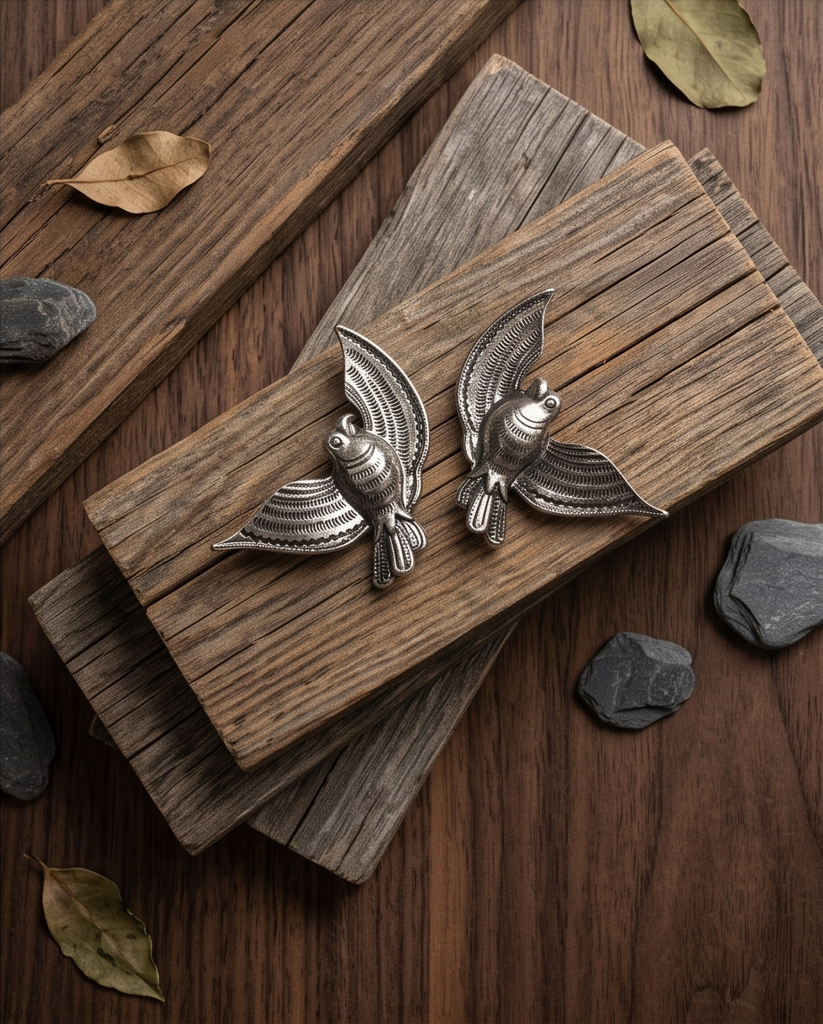 Close-up of a silver-tone bird earring with patterned wings