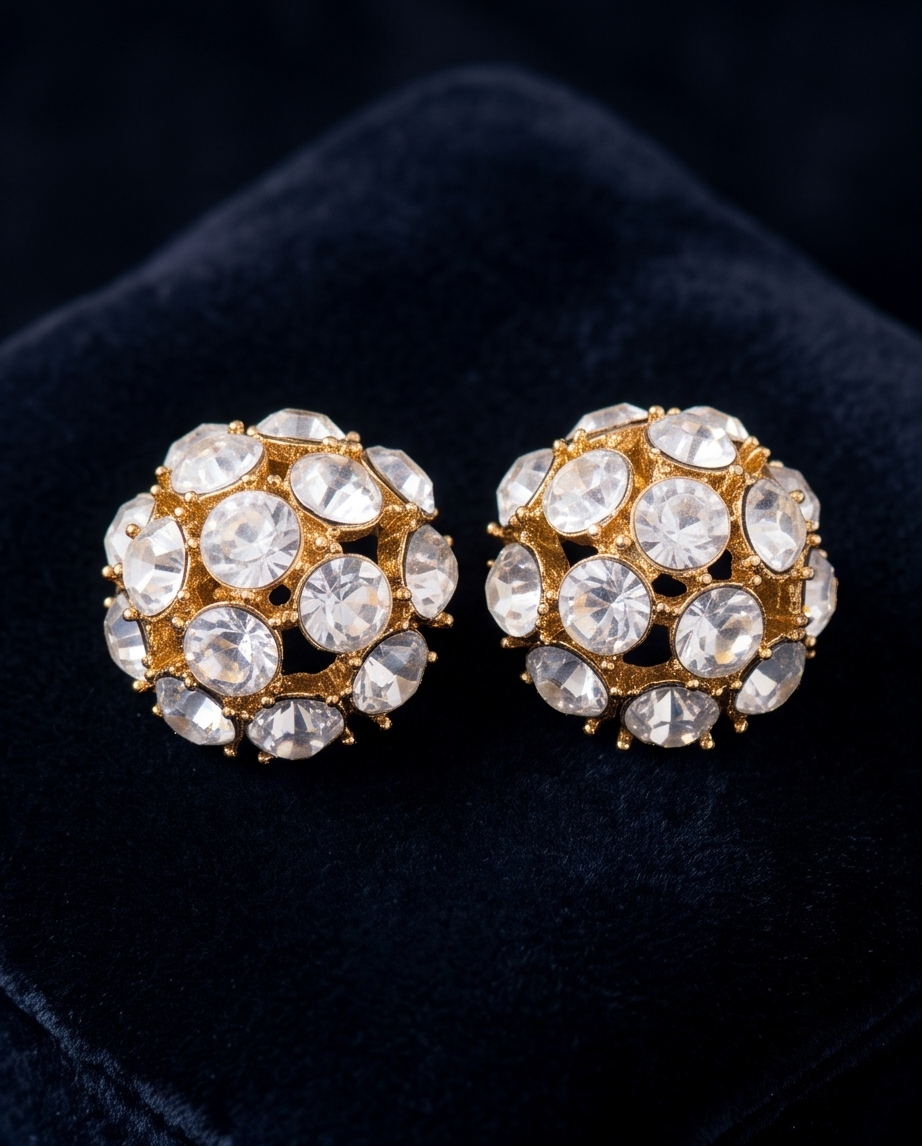 Close-up of faceted clear accents on gold-tone cluster earring