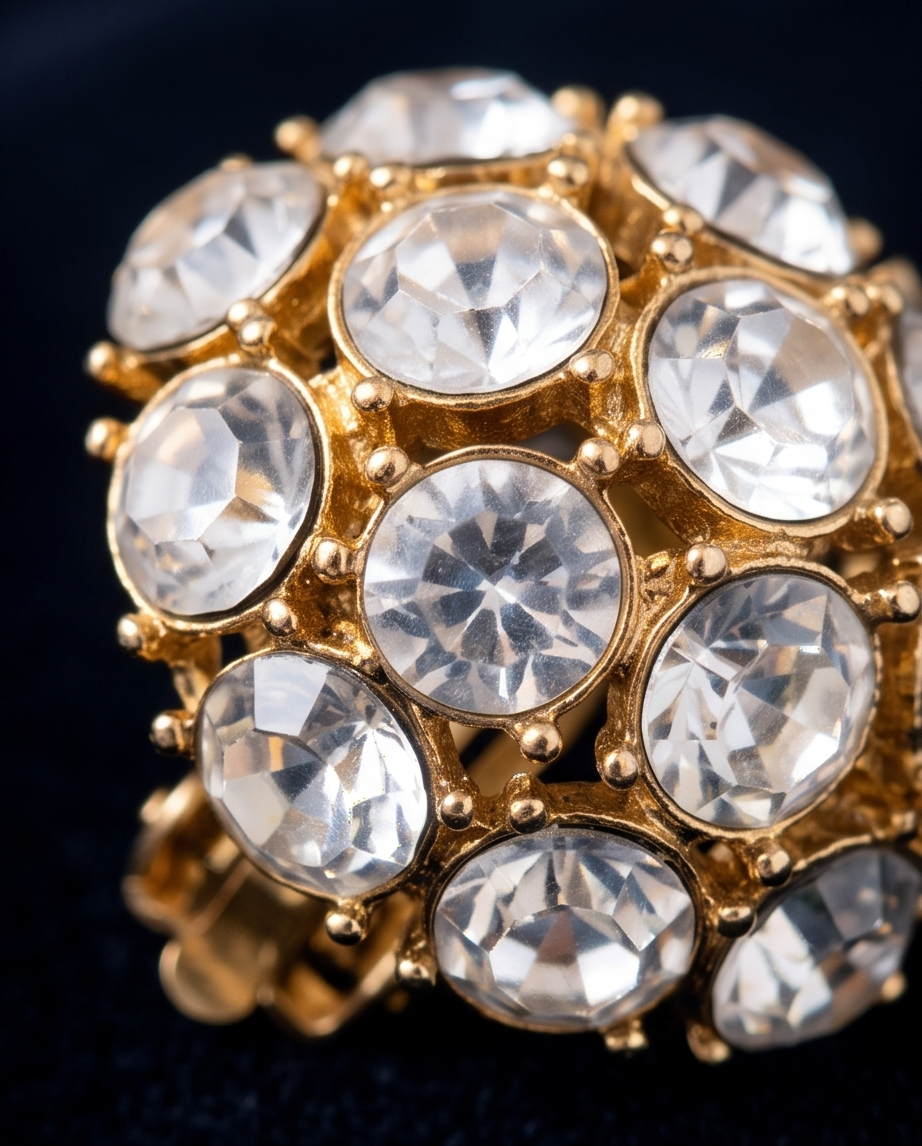 Pair of rounded gold-tone cluster stud earrings with clear crystal-effect stones