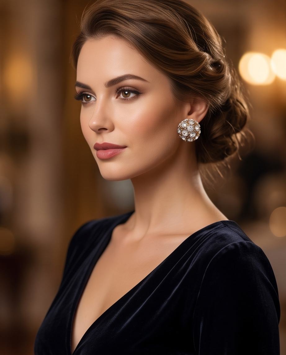 Pair of gold-tone clear-stone-effect cluster studs on dark fabric