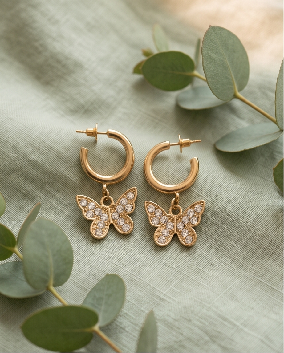 Pair of gold-tone hoops with crystal-effect butterfly charms on sage fabric