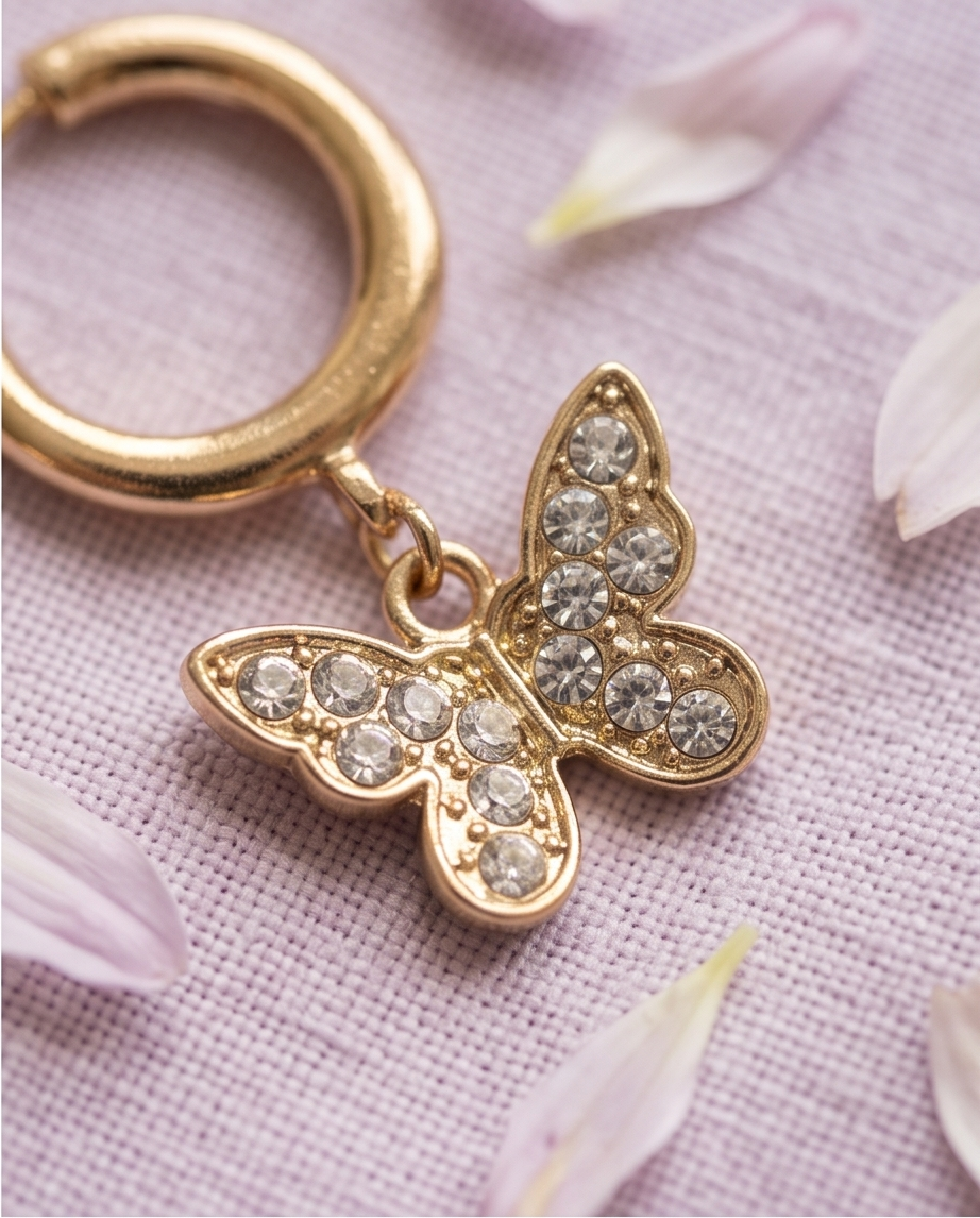 Close-up of crystal-effect butterfly charm suspended from gold-tone hoop