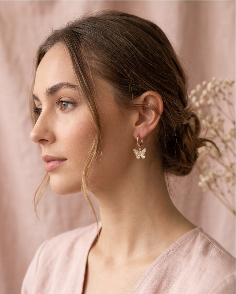Gold-tone butterfly charm hoop earrings with post fastenings on sage fabric