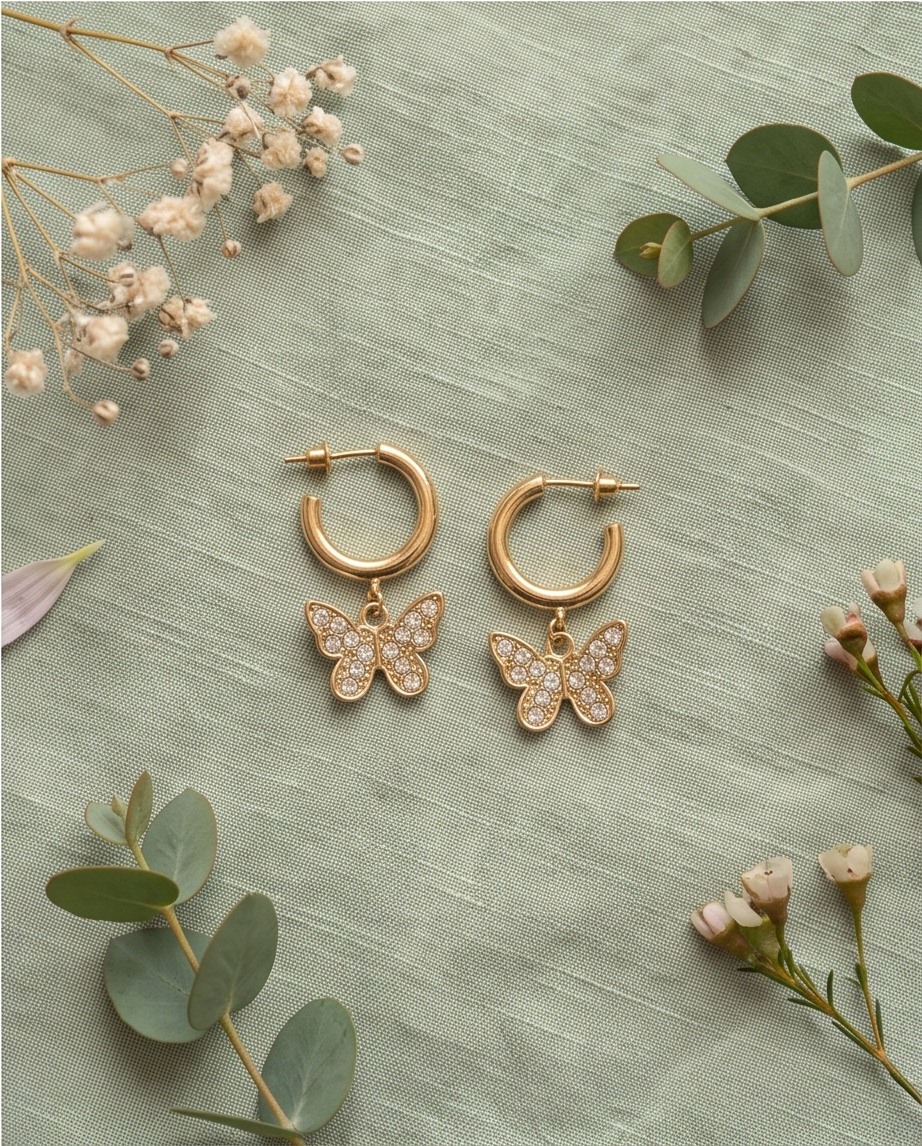 Model wearing gold-tone butterfly charm hoop earring
