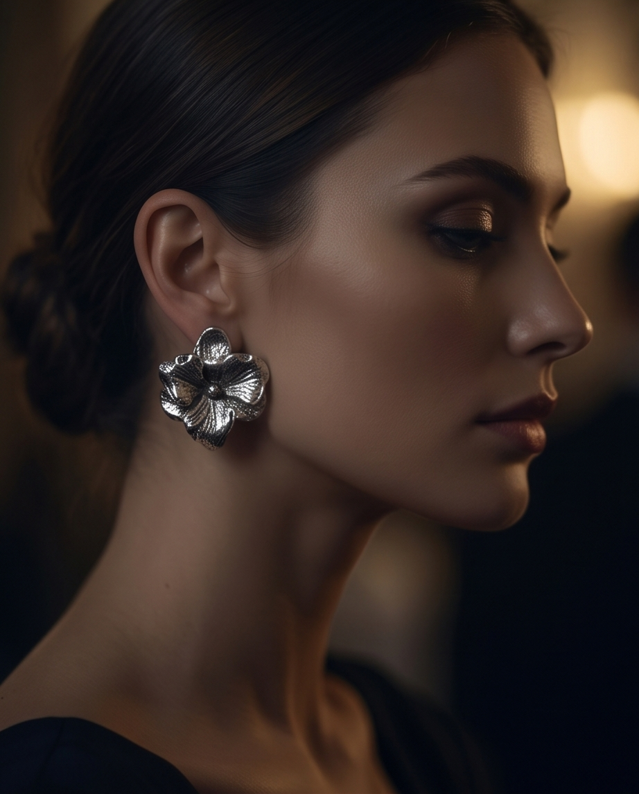 Textured Silver-Tone Flower Statement Earrings