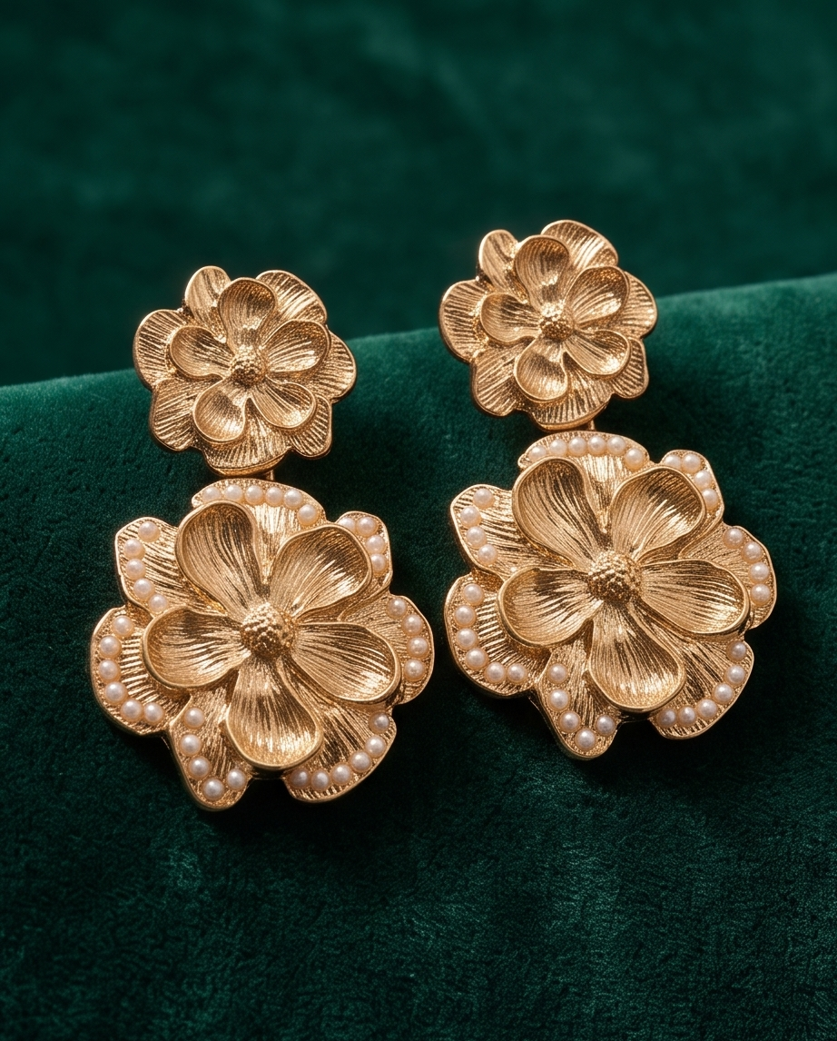 Model wearing gold-tone layered floral drop earrings