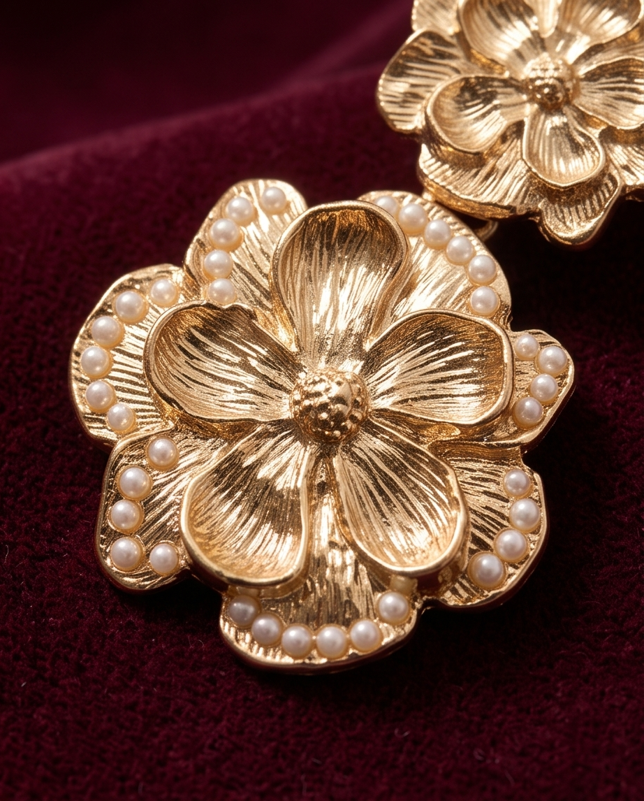 Close-up of gold-tone textured flower drop earring with pearl-look accents