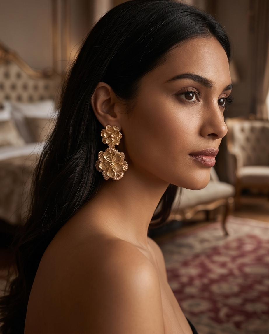 Gold-tone floral drop earrings with pearl-look accents on green fabric
