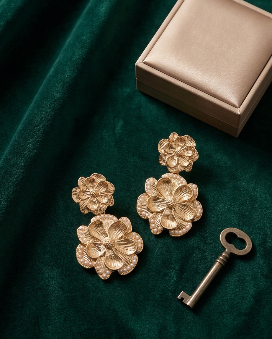 Pair of gold-tone layered floral drop earrings on green fabric