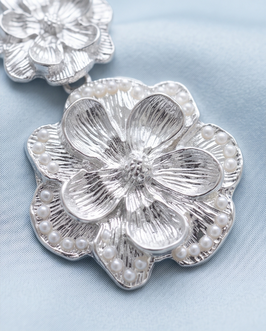Close-up of textured silver-tone floral earring with pearl-look accents