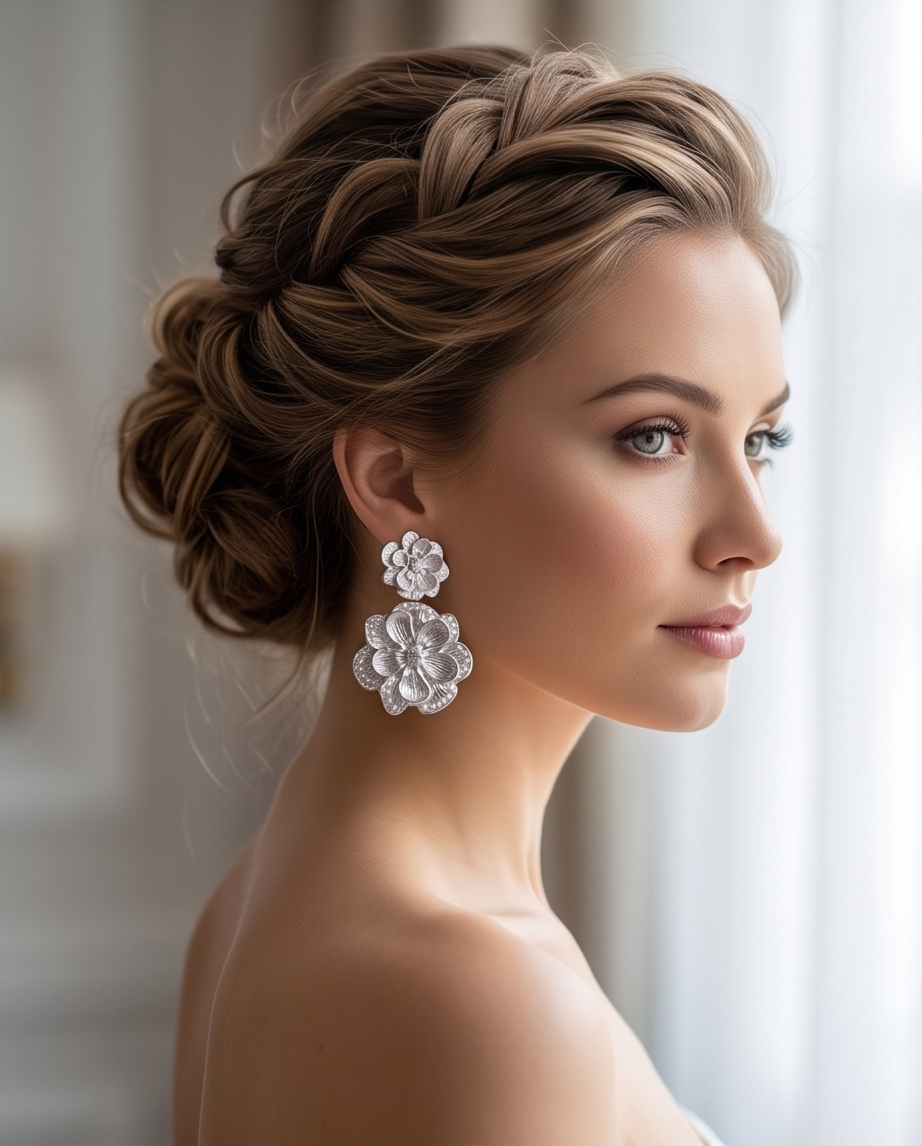 Model wearing silver-tone floral drop earrings