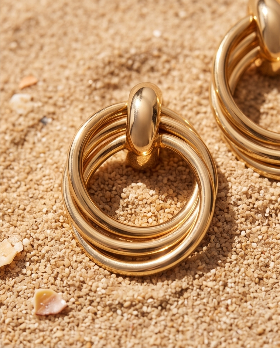 Close-up of layered gold-tone circular drop earring