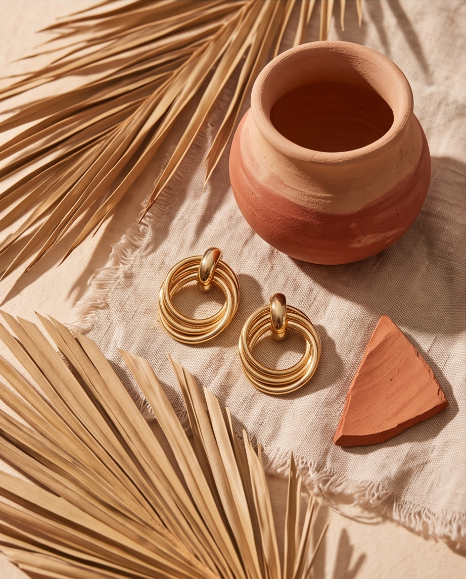 Model wearing layered circle gold-tone drop earrings