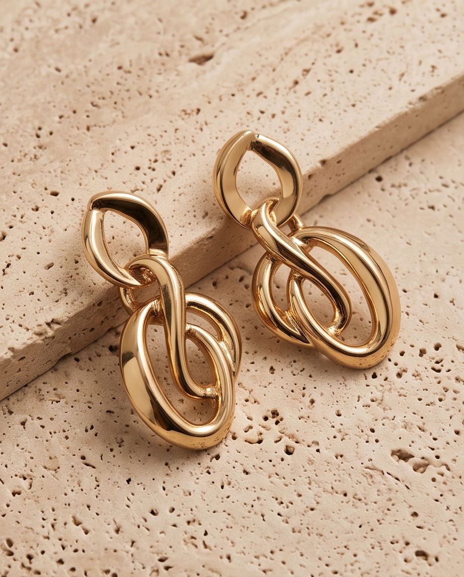 Pair of sculptural gold-tone loop drop earrings on stone