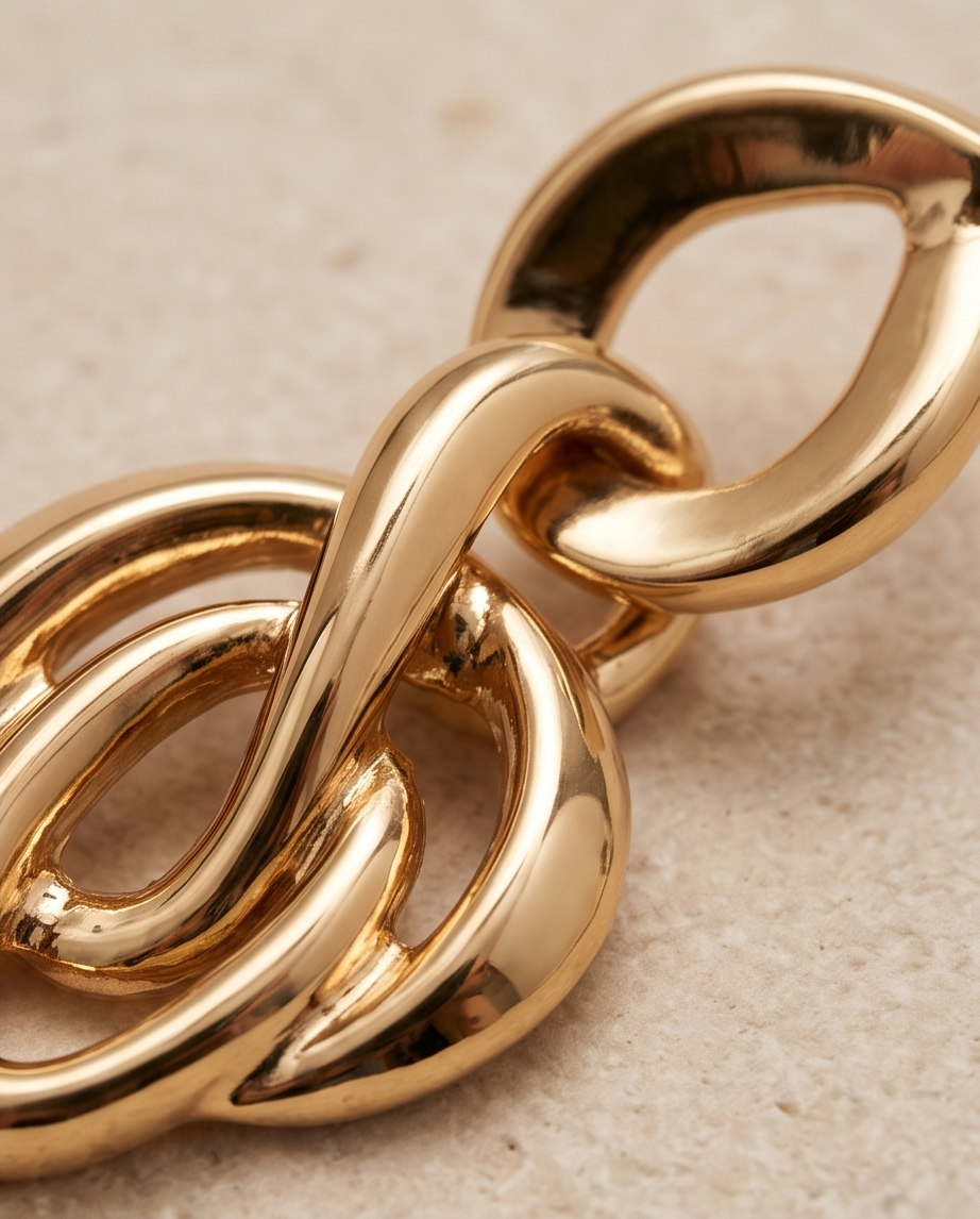 Model wearing sculptural interlocking gold-tone drop earrings
