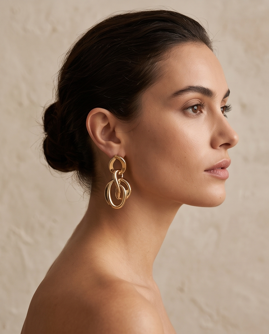 Close-up of polished interlocking gold-tone earring loops