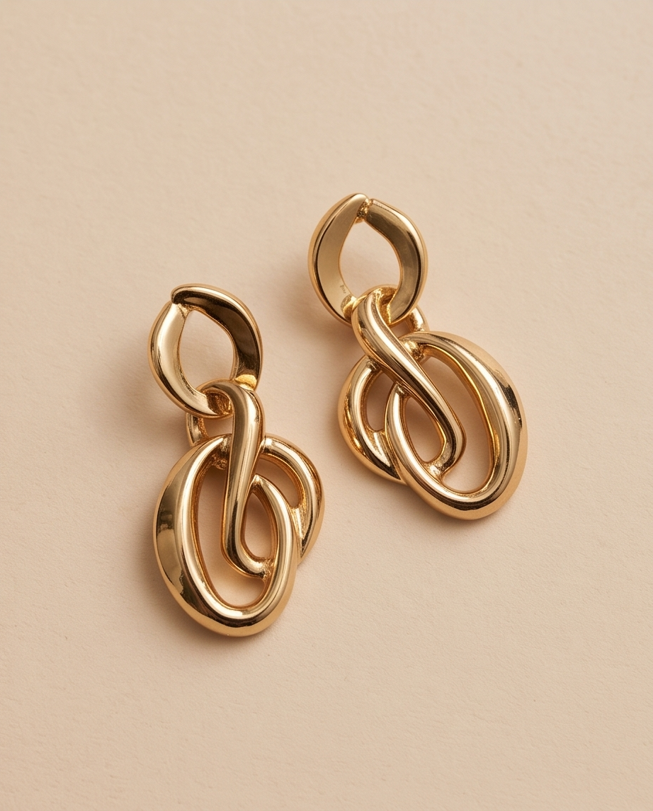 Pair of sculptural gold-tone loop drop earrings on neutral background