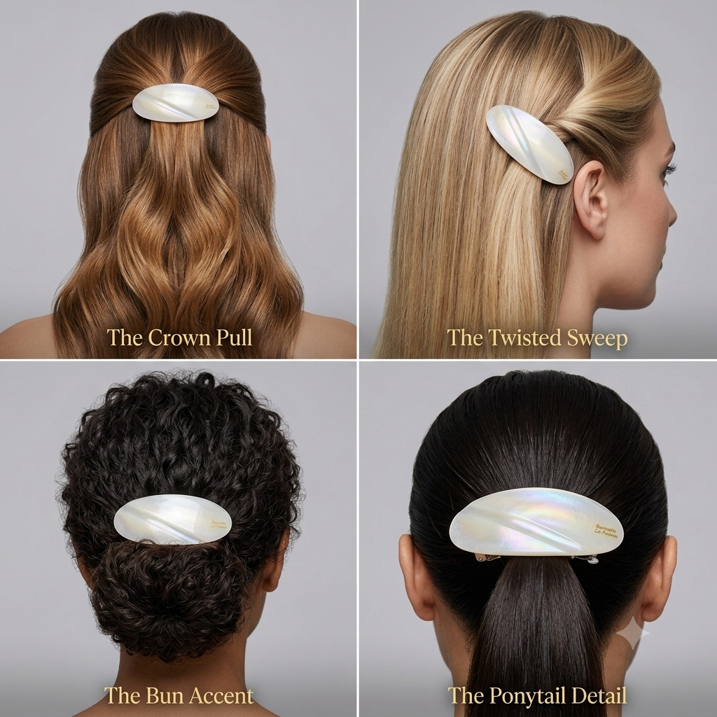 Four different hairstyles using a hair clip on various hair types against a neutral background.